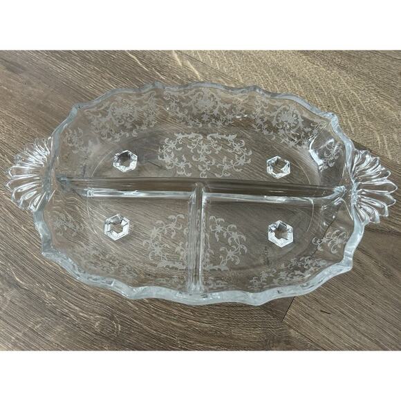 Fostoria Meadow Rose 3 Part Glass Footed Relish Dish Etched Crystal Vintage - Picture 15 of 15